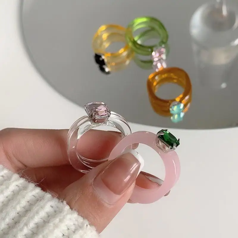 Fashion Simple Inlaid Colorful Zircon Resin Ring Women Sweet Cute Birthday Party Commemorative Jewelry Gift-New