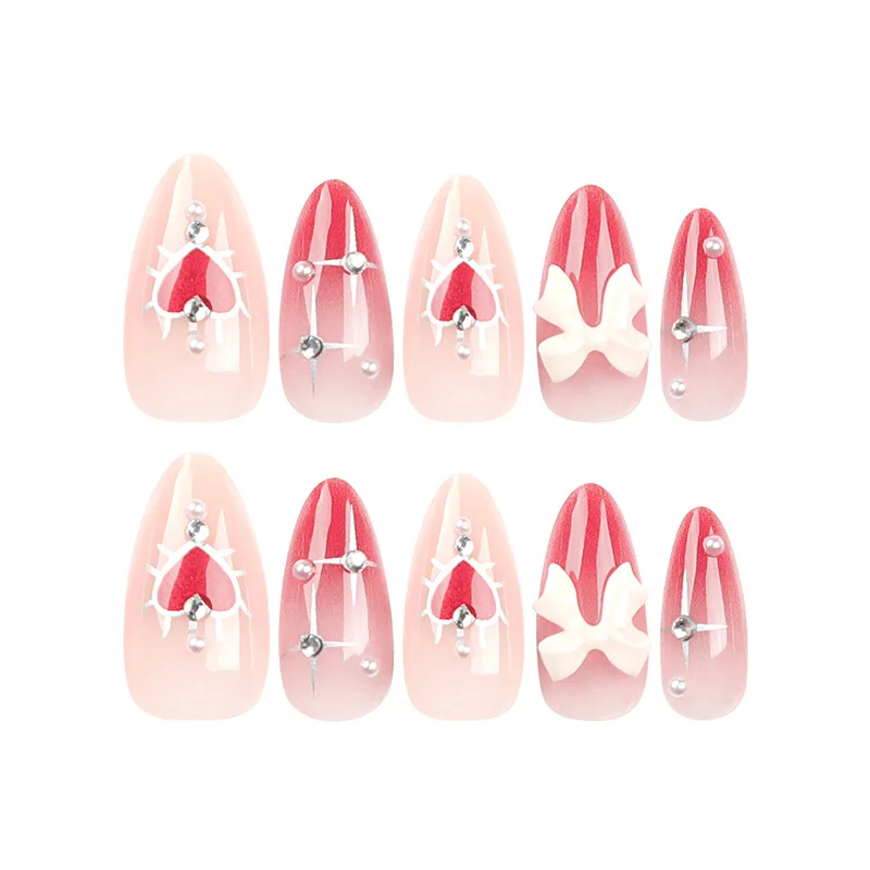 24 PCs Valentine's Day Long Almond Shape Novelty Pearl Bow Love Nail with 1 File and 1 Jelly Glue image 3