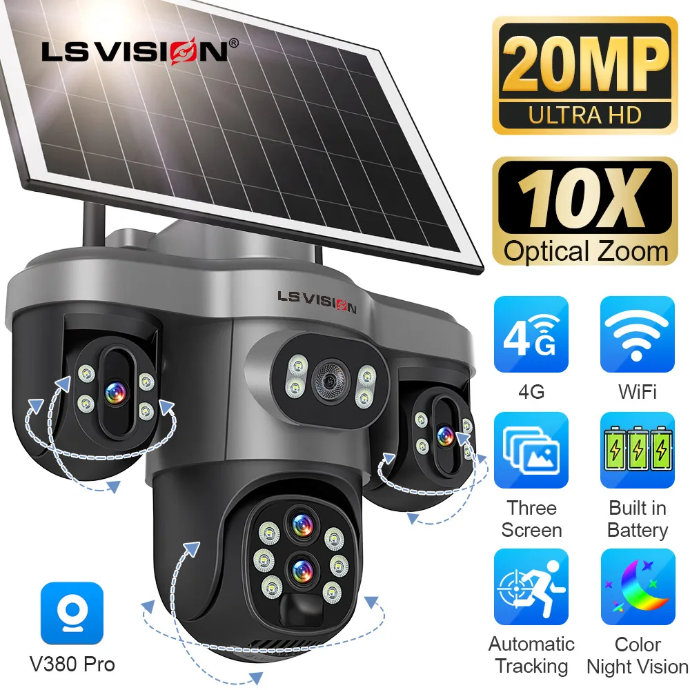 

LS VISION 20MP 10X Optical Zoom Three PTZ Lens Solar Camera Outdoor WiFi/4G Three Screen Auto Tracking Security Cameras V380 Pro
