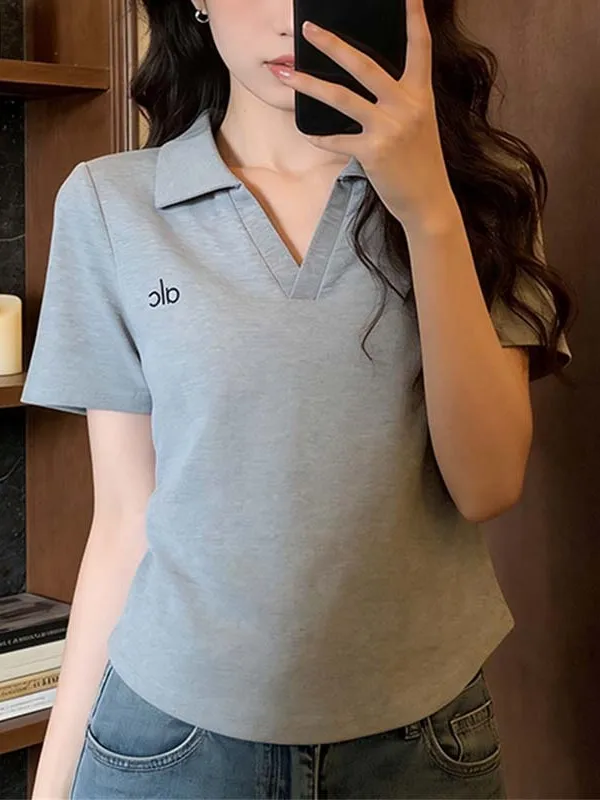 

plus Size Summer T-Shirt Embroidered Letter Halved Collar Short Sleeve Women's Design Sense Korean Style Breathable Skin-Frie...
