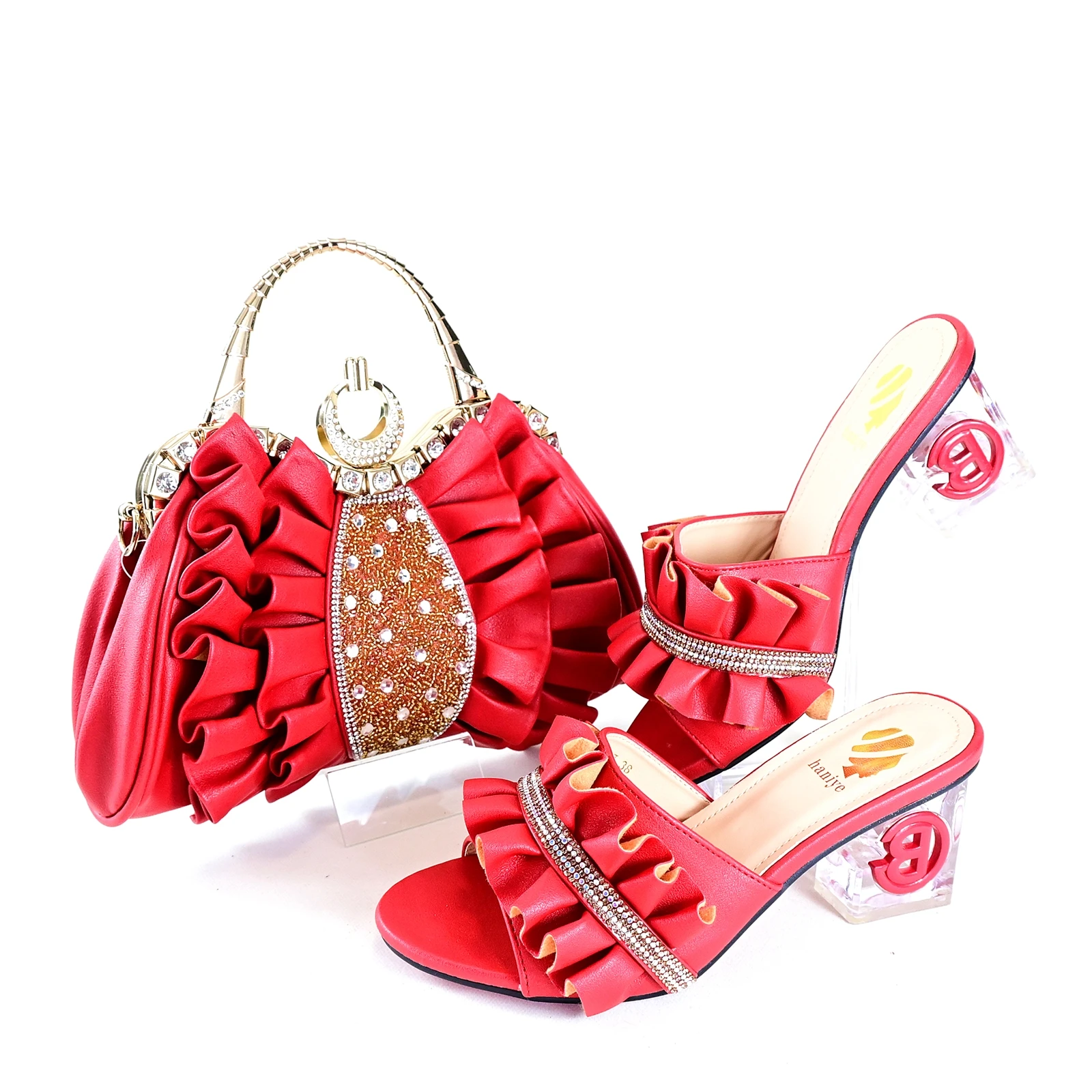 Doershow High Quality African Style Ladies Shoes And Bags Set Latest red Italian Shoes And Bag Set For Party HRT1-45