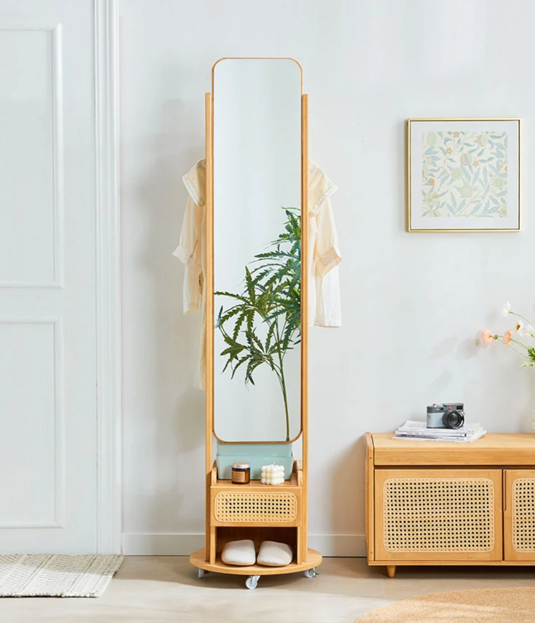 Full-body dressing mirror household floor mirror rotating movable solid wood hanger integrated bedroom fitting mirror