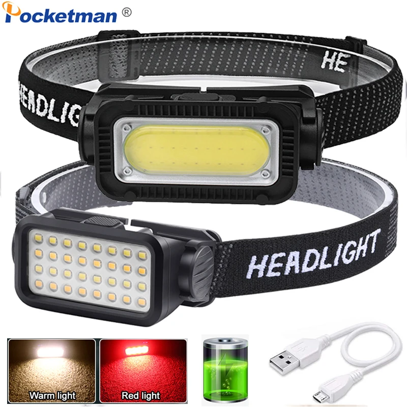 COB Headlamp USB Rechargeable Headlight Built-in Battery Waterproof Head Flashlight Hiking Camping Head Front Torch Red/Yellow