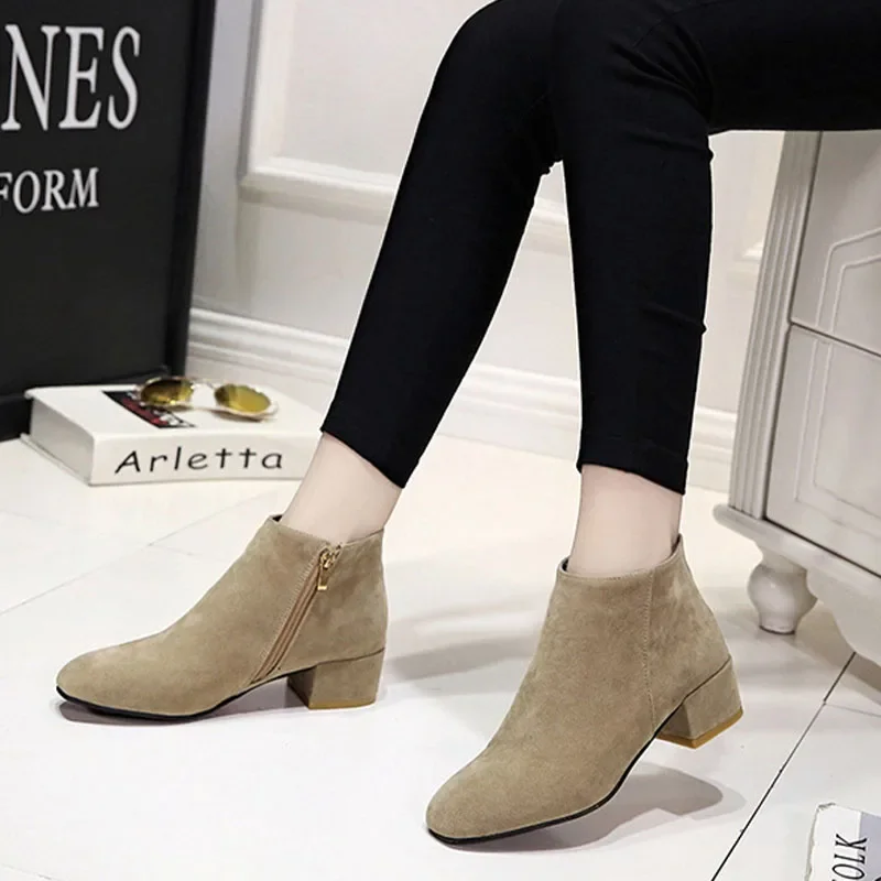 Ankle Boots Women Autumn 2024 Chunky Low Heel All-match Short Botas Solid Size Zipper Female Shoes Casual Black Botas Para Dama