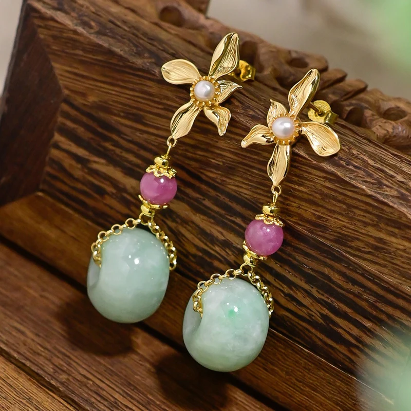 

Natural A-grade Jade Apple Bead Earrings, Sterling Silver Original Handmade Chinese Style Earrings