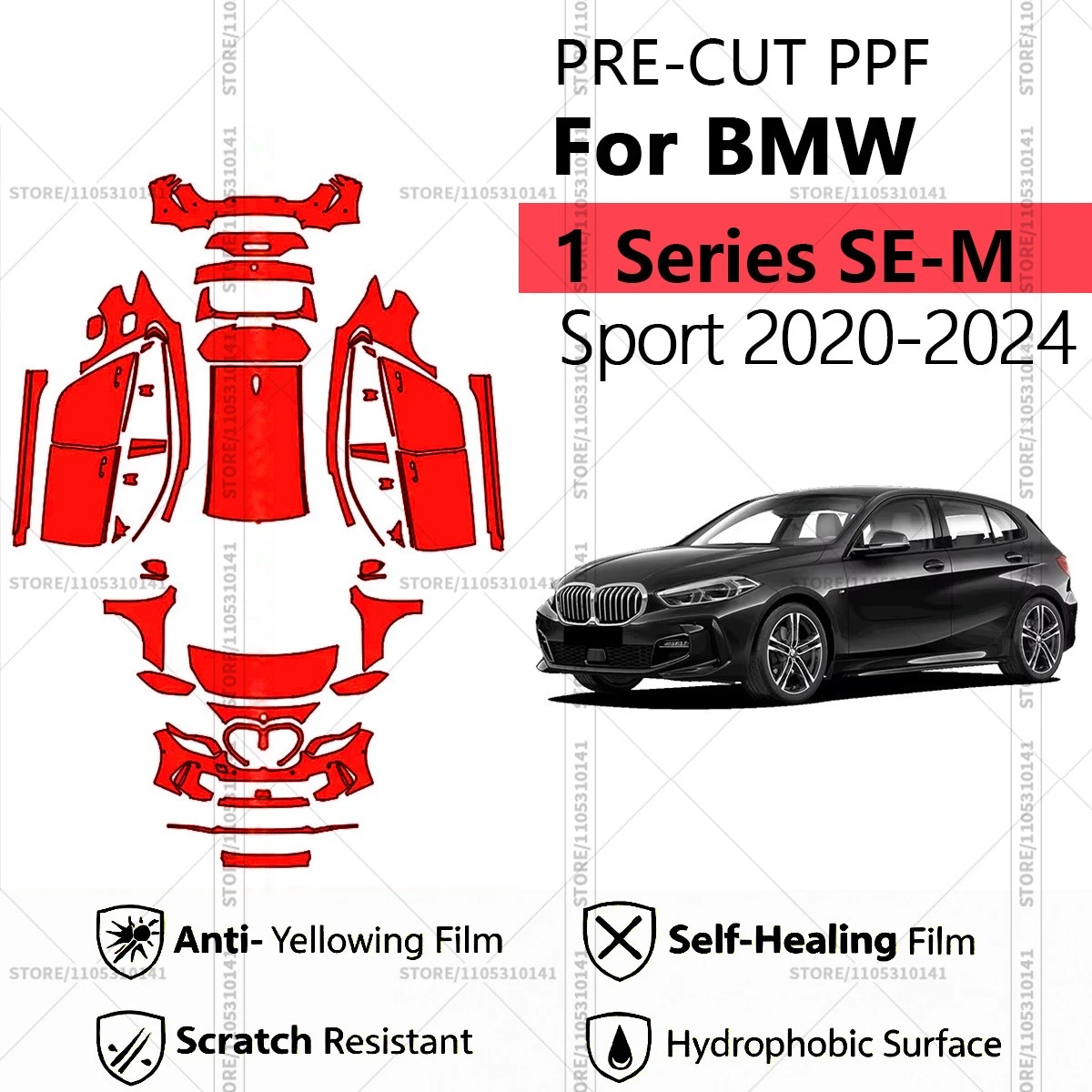 

Для BMW 1 серии SE-M Sport 2020-2024: Предварительно вырезанная прозрачная защитная пленка PPF для автомобиля, профессиональная автомобильная пленка PPF