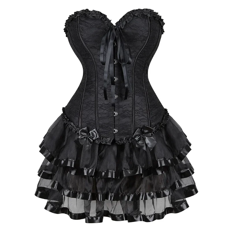 Women Corset Dress Vintage Lace Up Overbust with Mini Tutu Skirt Burlesque Costume Plus Size S-6XL