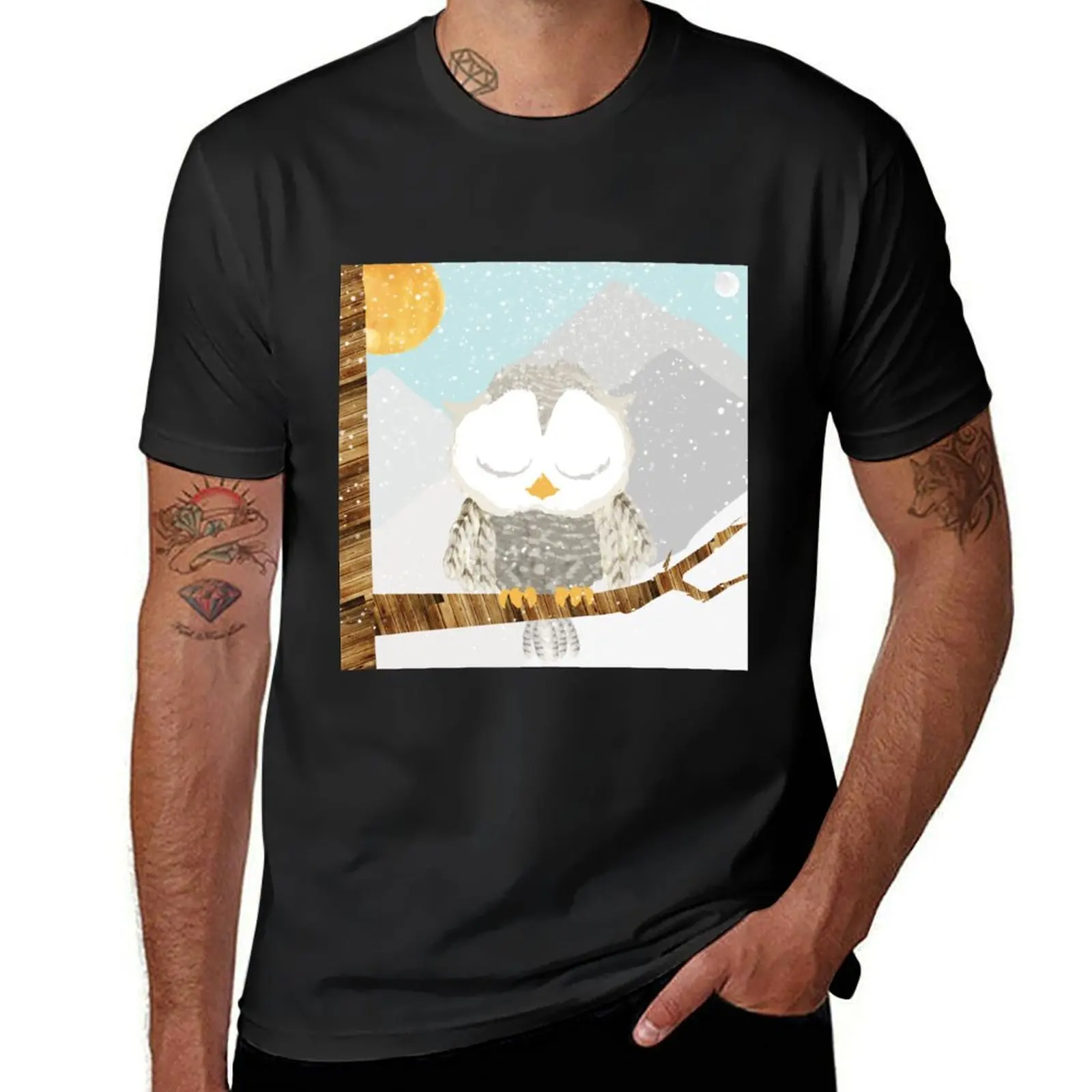 Sleepy Snow Owl T-Shirt summer top summer clothes mens cotton t shirts