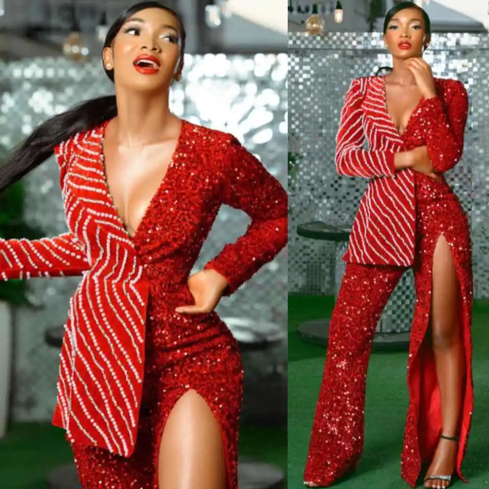 

Luxury Sequins Women Suits V Neck Long Sleeve Jacket Blazers Beaded Slit Pants Customized 2 Pieces Dinner Party Outfits