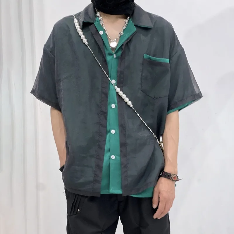 

MWJLPWQ Fake Two Piece Lapel Design Shirt Men's High Street Long Sleeve Pocket Unisex Loose Casual Tops 2025 New Summer 11694