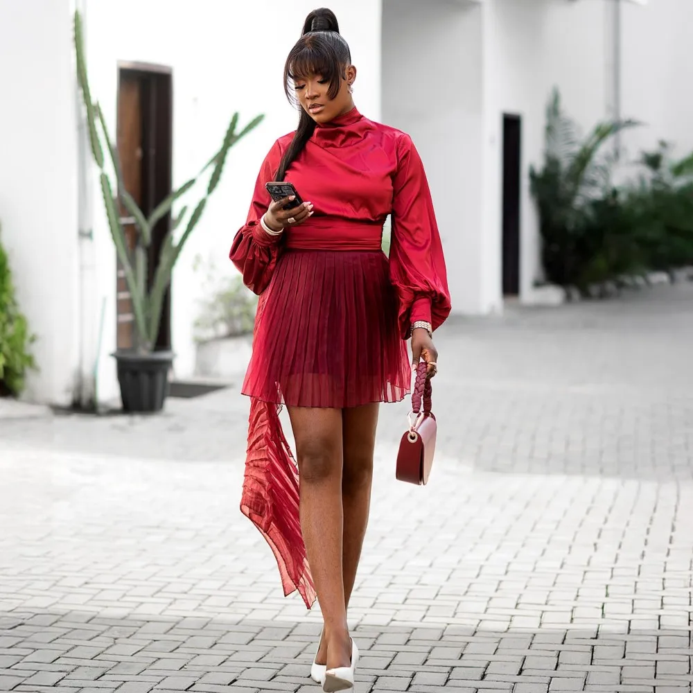 

Dark Red Short Skirts Draped Asymmetrical Short Skirt A Line Christmas Wear Evening Skirt faldas para mujeres