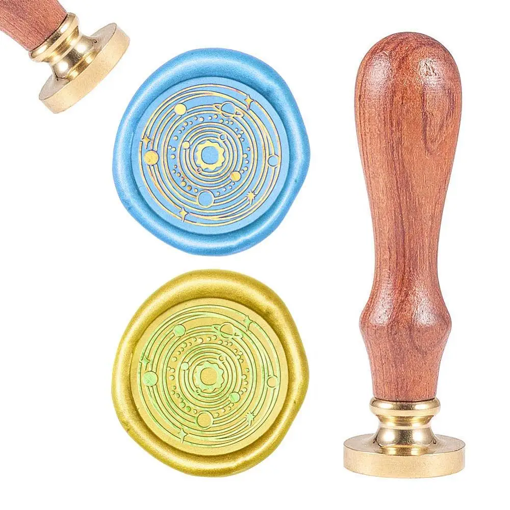 1PC DIY Scrapbook Brass Wax Seal Stamp and Wood Handle Sets Planet Golden 8.9x2.5cm Stamps: 25x14.5mm