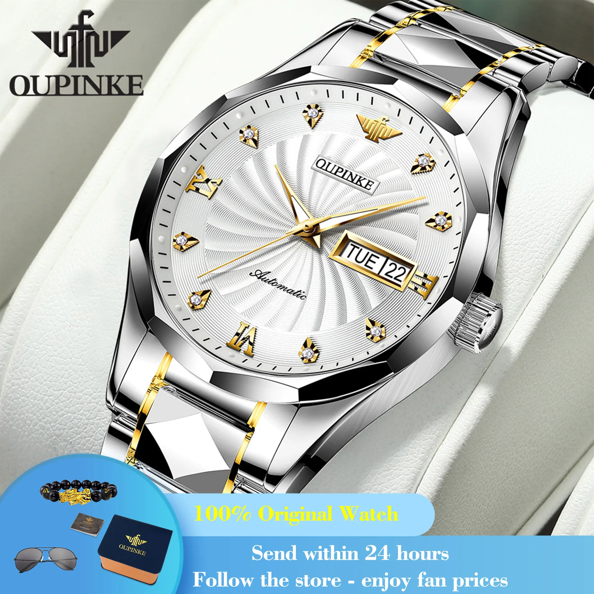 

OUPINKE 3169 Men Automatic Watch Diamond Scale Mechanical Watch For Men Dual Calendar Synthetic Sapphire Mirror Man's Wristwatch