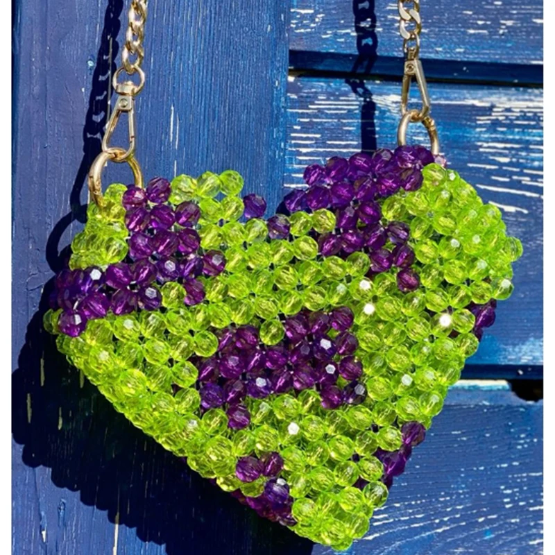 Customized Crystal Beaded Bag New Ins Fashion Color Contrast Weaving Love Chain Crossbody Bags for Woman 2024 Unique Design