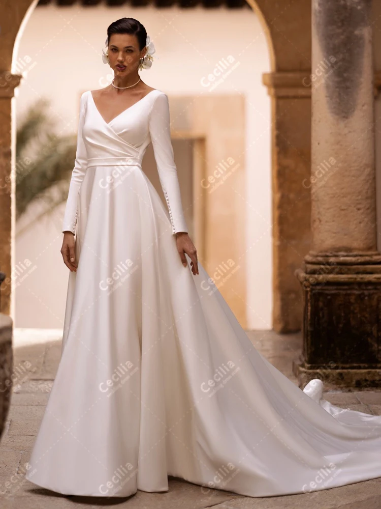 Modest Wedding Dresses A-Line Satin Bridal Gowns Full Sleeves V-Neck Backless Robe For Formal Party Vestidos De Novia Customized