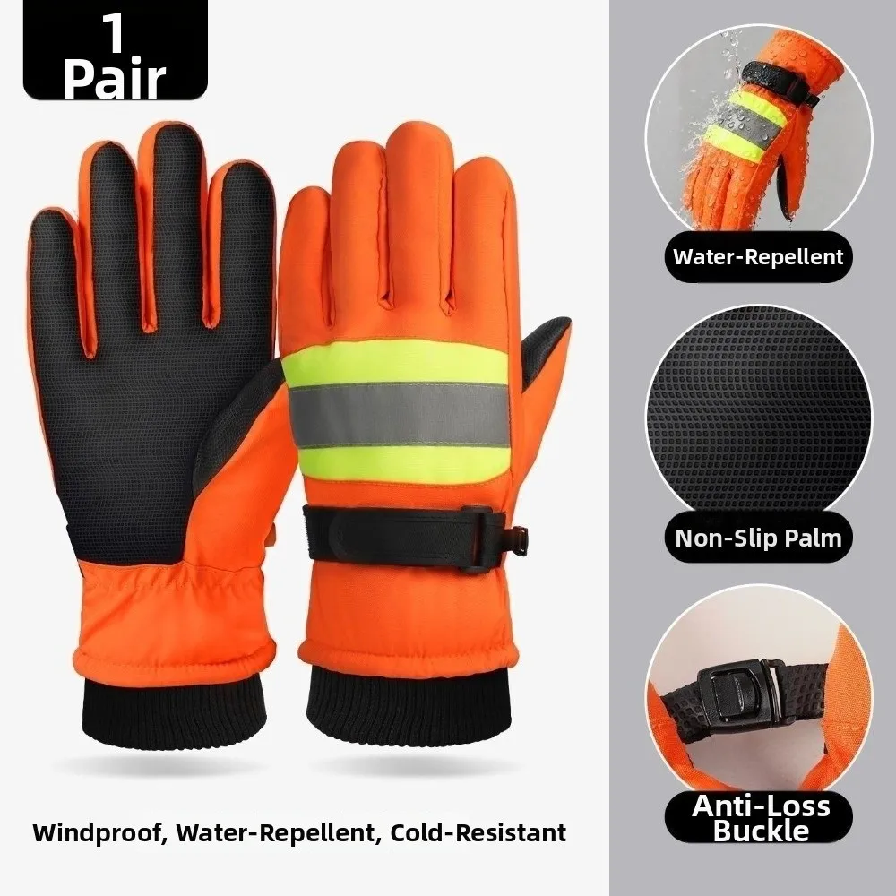Reflective Sanitation Worker Gloves Waterproof Touchscreen Five-Finger Gloves Orange Wear-resistant Winter Warm Gloves Commuting