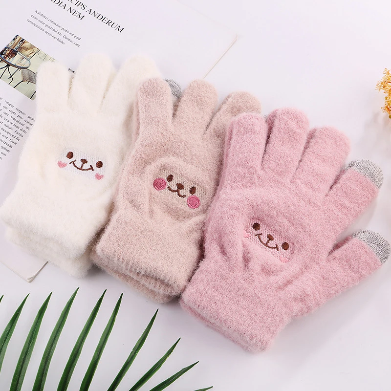 Cute Warm Gloves Women Girls Winter Fluffy Knitted Fingerless Gloves Wool Touchscreen Phone Full Finger Mittens