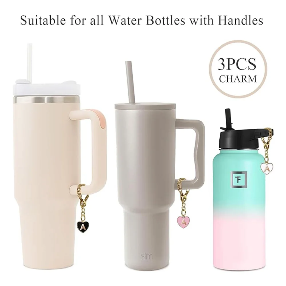 Letter Charm Accessories for Stanley Cup 3Pcs Heart Shaped Water Bottle Name ID Charms For Yeti/Simple Modern Tumbler Handle