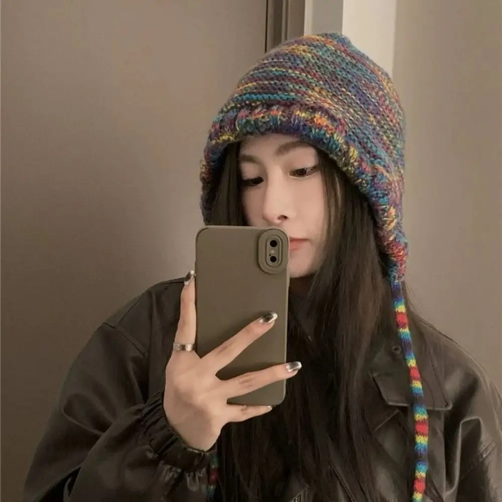 

New Fashion Rainbow Knitted Hat Colorful Women Warm Beanie Hat Snow Ski Earflap Caps Ethnic Style Gradient Woolen Cap