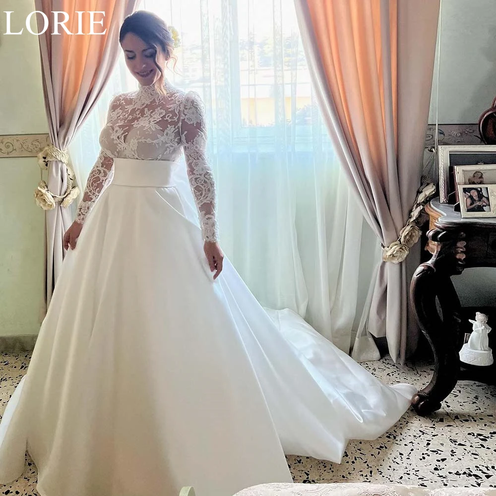 

LORIE Elegant Satin Wedding Dresses A-Line High Neck Lace Appliques Pleated Bride Prom Gown 2025 Charming Bridal Gown Customized