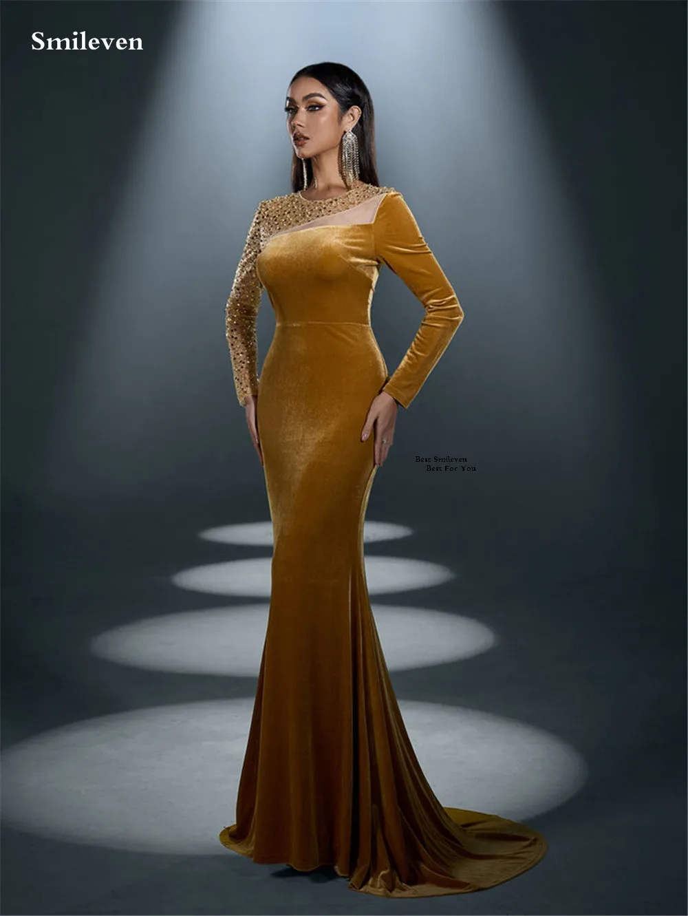 Smileven 高級マーメイドプロムドレス ビーズ装飾 自己修養 スクープパーティードレス ベルベット フルスリーブ オケージョンドレス カスタマイズ 2026
