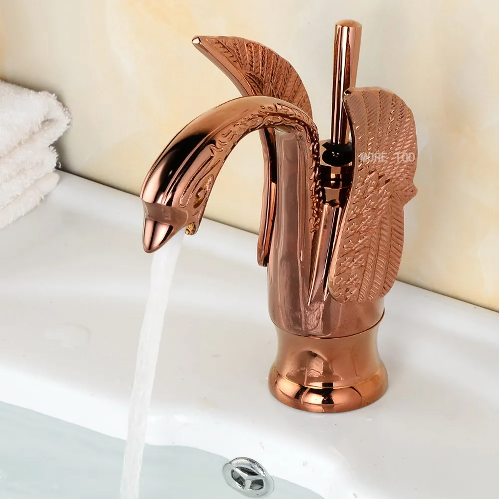 Rose Gold Copper Brass Carved Animal Swan Shape Single Handle Bathroom Faucet Sink Basin Cold / Hot Mixer Tap anf180b
