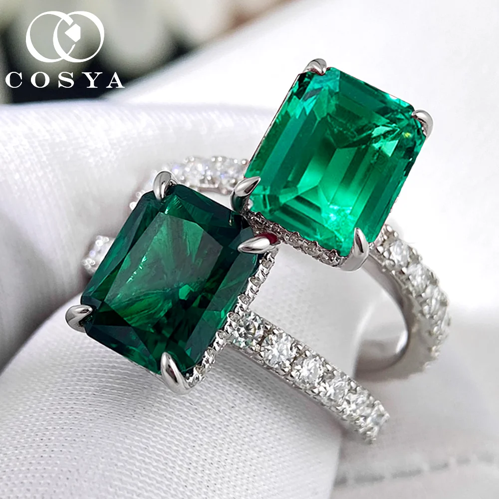 

COSYA 4CT Emerald Cut Lab Grown Colombian/Zambian Emerald Rings For Women S925 Silver With Moissanite Wedding Band Jewelry Gift