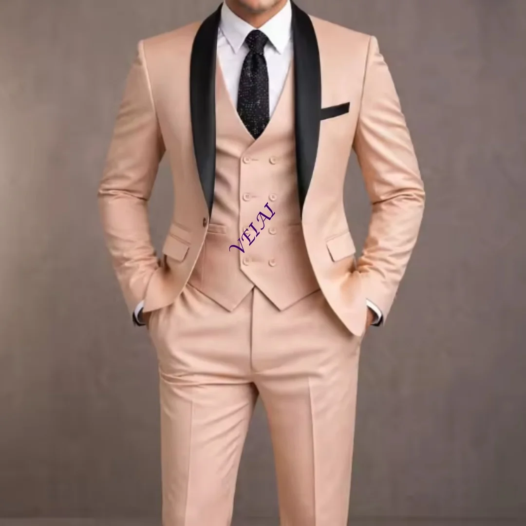 CustomizedSlim Fit Champagne Men Wedding Suit 3 Pieces Black Shawl Collar Tuxedo Jacket Vest Trousers Formal Evening Party Groom