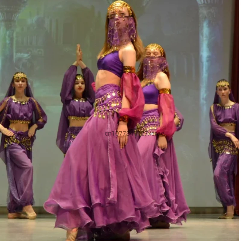 Belly Dance Skirt, Chiffon Rolled Leaf Double Slit, Belly Dance Gauze Skirt for Female Performance Practice, Without Belt