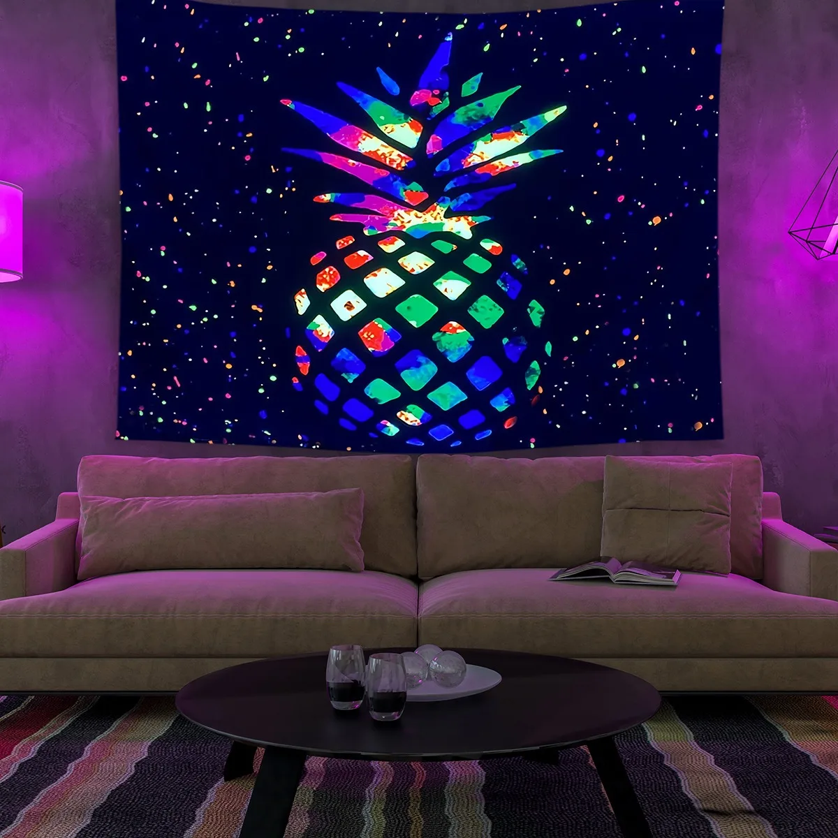 

UV Reactive Blacklight Tapestry Peach Skin 2D Flat Print Trippy Skeleton Mushroom Wall Hanging for Bedroom Dorm Decor
