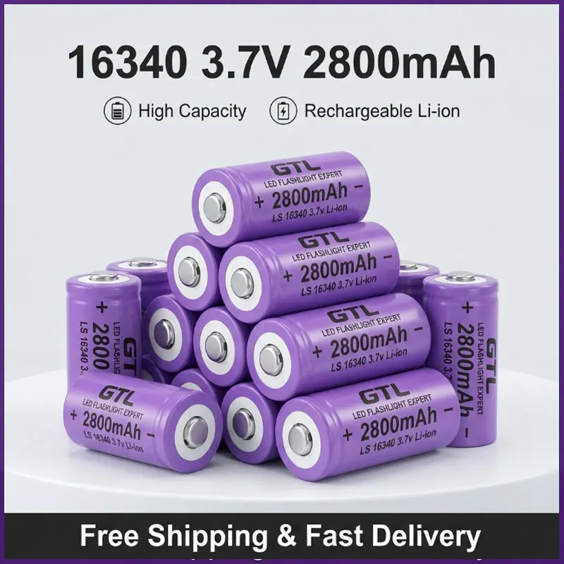 

16340 2800mAh 3.7V Rechargeable Li-ion Battery, CR123A Battery for LED Flashlight Torch, Travel Wall Charger Set