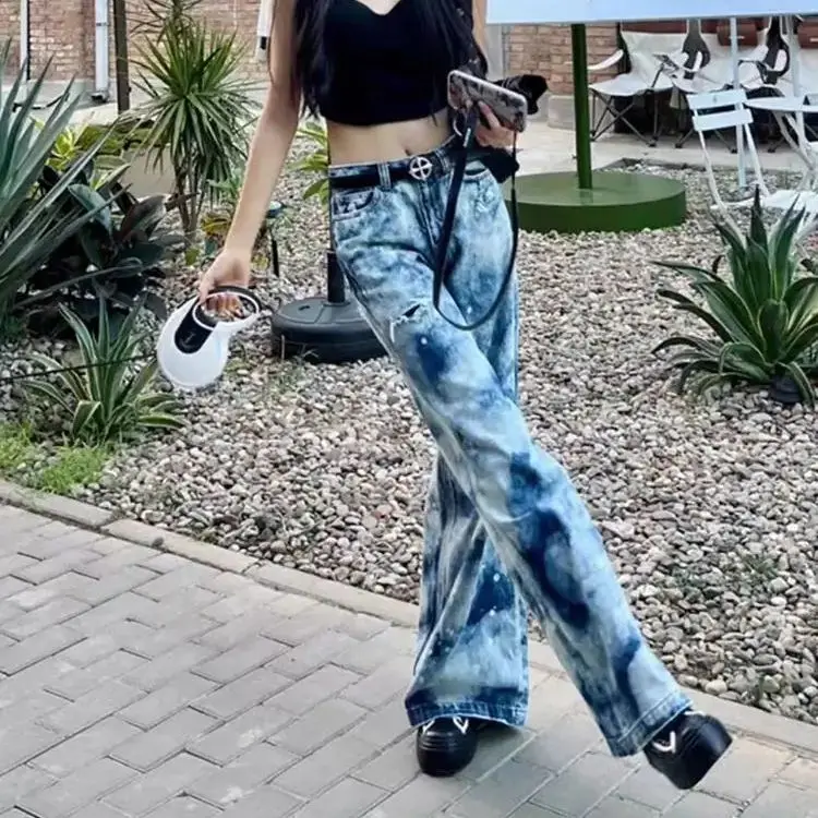 American Camouflage Wide-Leg Ripped Jeans Women'S Summer New Design High-Waist Jeans Loose Straight Trousers