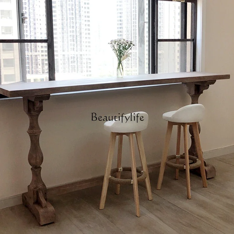 American country long table against the wall Solid wood bar table Balcony by the window