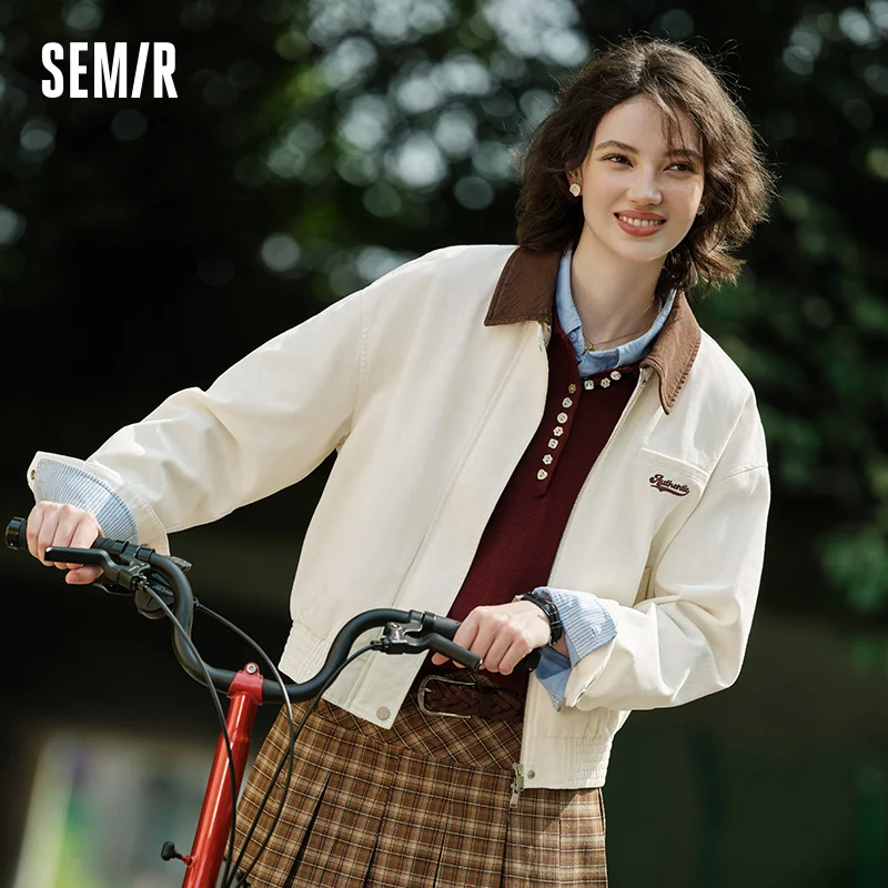 Semir Coat Women Petite Salt Versatile Trendy Loose Autumn 2024 New Color-Blocking Collar Retro Jacket