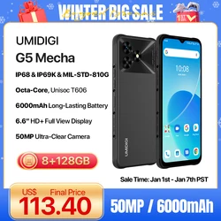 Прочный смартфон UMIDIGI G5 Mecha, IP68,IP69K, Android 13, Unisoc T606, 8 ГБ, 128 ГБ, 6,6 дюйма, HD + экран, камера 50 МП, 6000 мАч, сотовый телефон 90 Гц