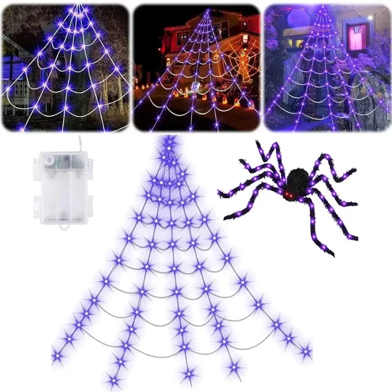 8 Modes Halloween Spider Web Lights Waterproof Glow Luminous Halloween Spider 5m Hanging Scary Giant Spider Haunted House