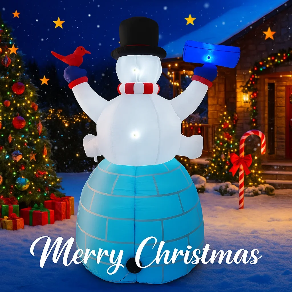 Giocattolo gonfiabile gigante da 5,91FT Pupazzo di neve Pinguino Igloo Forniture natalizie per luci a LED da giardino Decorazioni natalizie Ornamenti per la casa Regali festivi