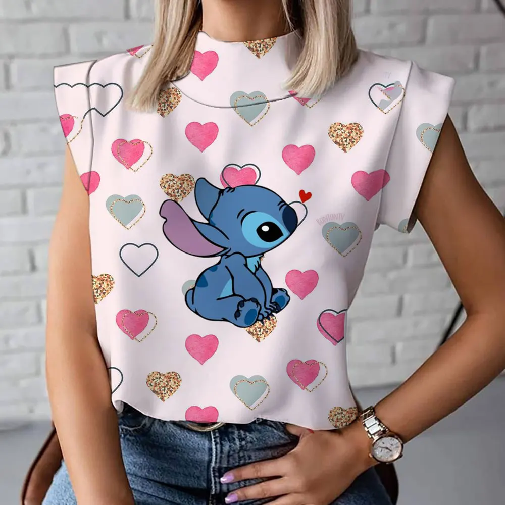 

Stitch Qi women's vest 3D anime cute print y2k Harajuku street ladies high collar T-shirt new casual versatile 2024 summer new