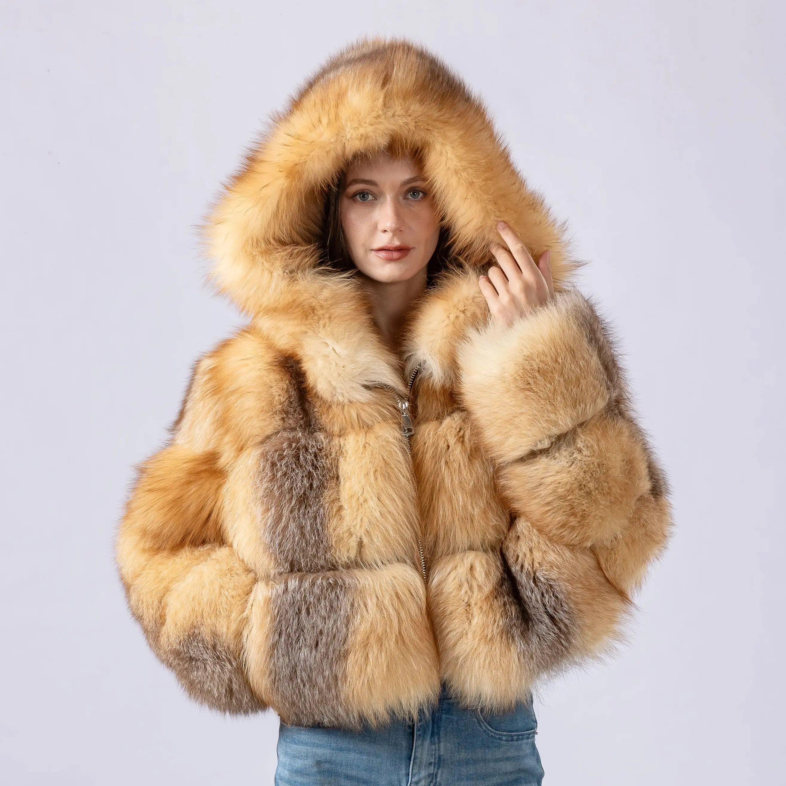 Real red fox fur Short Coat with real fox fur hood full-pelt jacket  length 250516