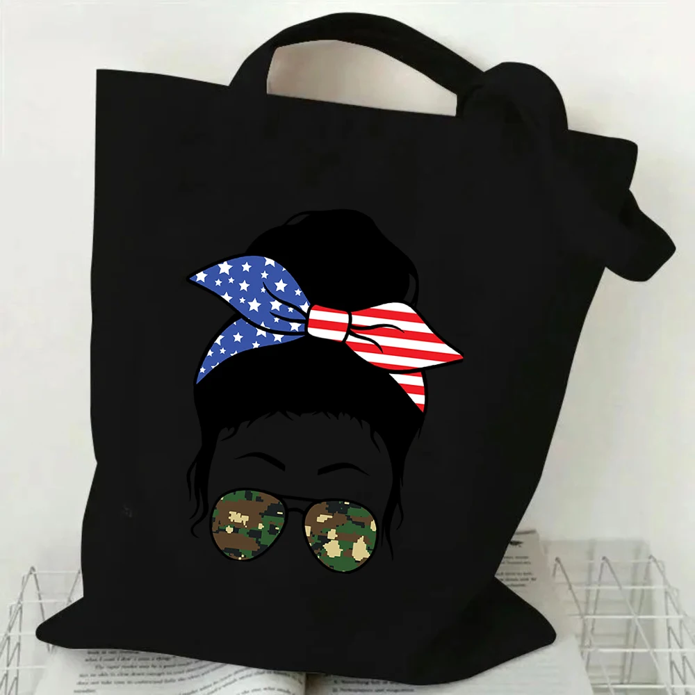 American Flag Bow Camo Splash Shades Messy Bun Graphic Canvas Tote Bag Large Shoulder Bag For 4th Of July Grocery Travel Bag