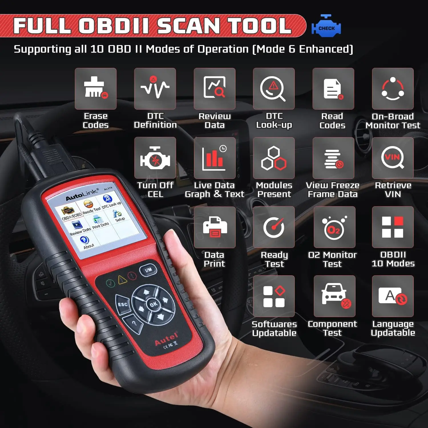 Autel-Car Ferramenta de Diagnóstico com Modo Aprimorado 6, Motor Code Reader, CAN Scan Tool, Ver Avançado, AutoLink AL519, OBD2 Scanner