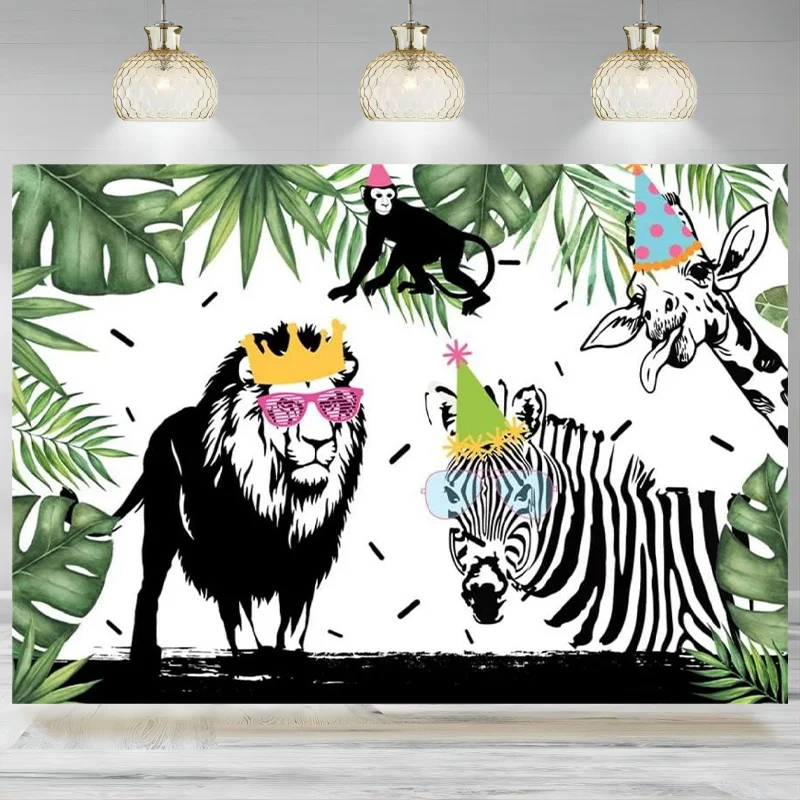 Party Animals Backdrop Wordless Jungle Safari Background Photography Tropical Leaves Black White Birthday Decoration Banner