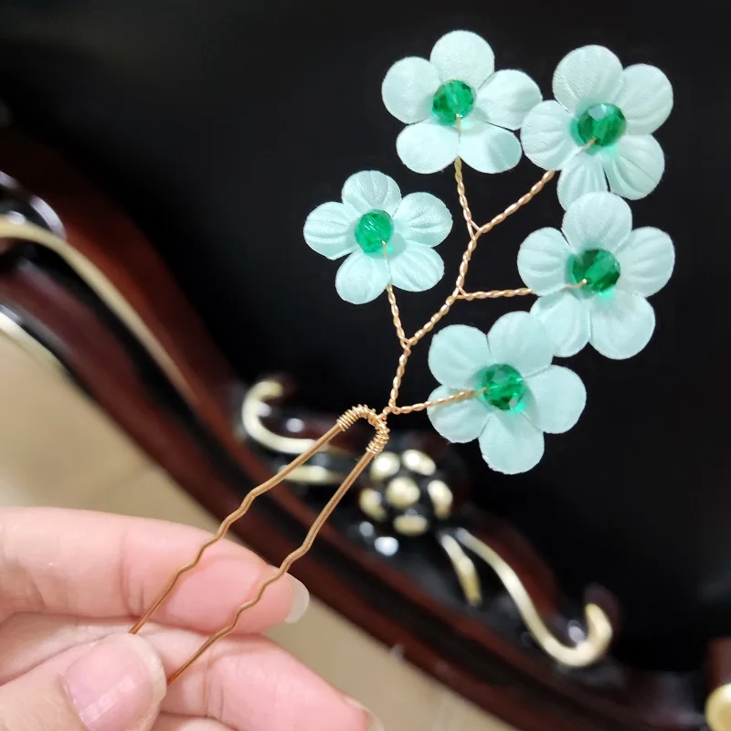 Green Color Crystal Flower Bridal Headwear Rhinestone Hair Pins Hair U-Shape Hair Clips Bridal Wedding Women Hair Jewelry