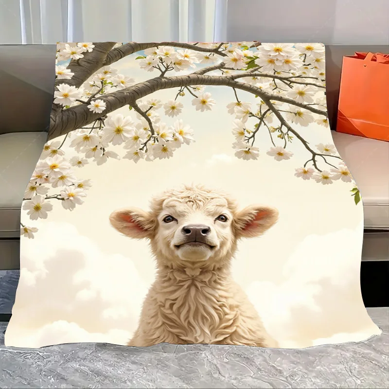 

1pc Flannel Blanket Charming Lamb Under Blossom Tree Soft Cozy Blanket for Home Decor