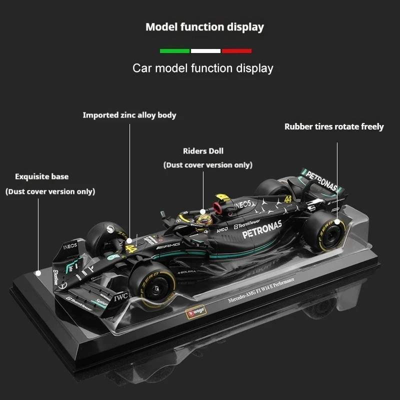 Car Model Bruago 1:24 Mercedes 2023 W14 E Performance 44 Hamilton F1 Formula Racing Static Simulation Alloy Model Toy Collection