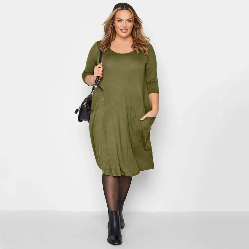 Plus Size Half Sleeve Casual Summer Tunic Dress Pockets Front Loose Straight Midi Dress Large Size Flare Basic T-shirt Dress 7XL