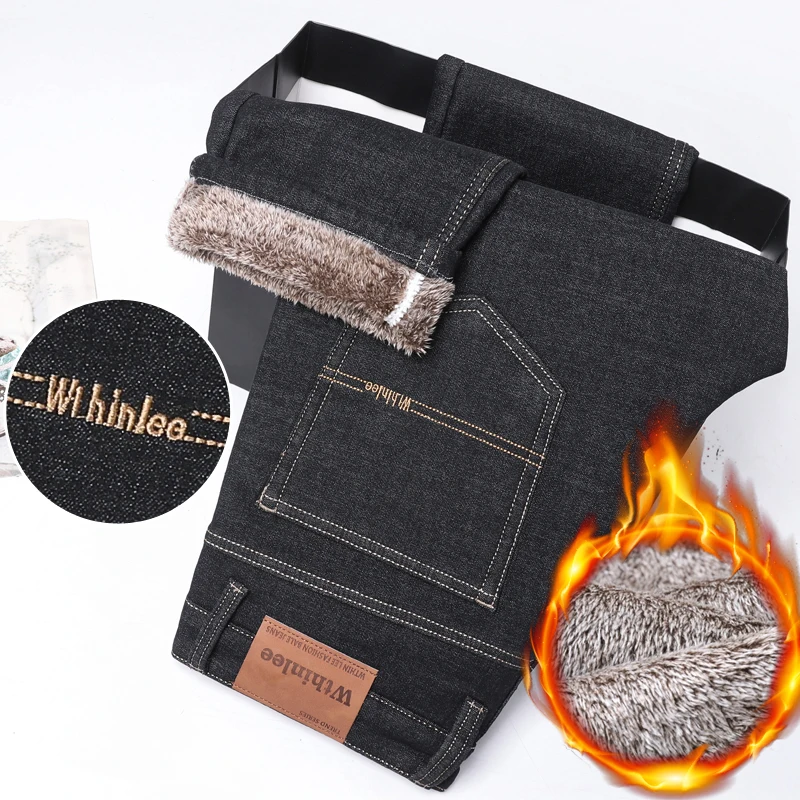 

Winter Wool Lined Fleece Jeans Business Casual Loose Straight Thickened Warm Trousers Stretch Comfortable Work Pants