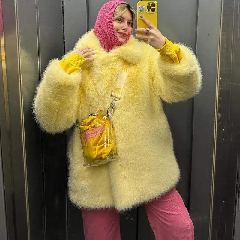 معطف نسائي أنيق من الفرو الصناعي من Tuularose دافئ منفوش فضفاض بأكمام طويلة وطية صدر السترة موضة خريف وشتاء ملابس خارجية للسيدات في الشارع العالي