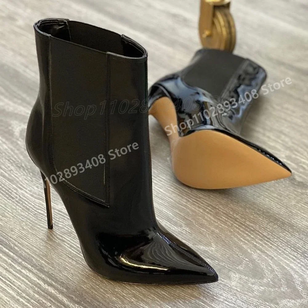 

Side Zipper Black Patent Leather Pointy Ankle Boots Stiletto High Heel Runway Style Fashion Women Shoes 2025 Zapatos Para Mujer