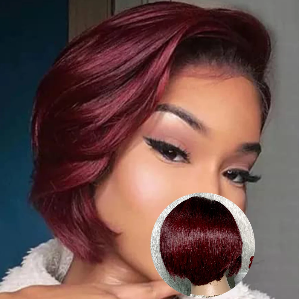 99J バーガンディ ピクシーカット レースフロントウィッグ 人毛 13x4x1 パート レースウィッグ ブラジル産 ショートストレート人毛ウィッグ 黒人女性向け